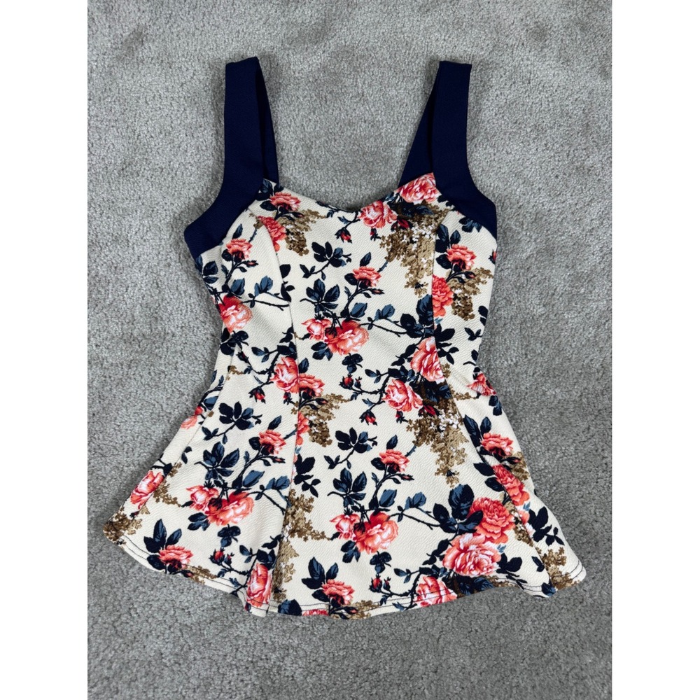 Papaya Floral Peplum Top Navy Red Rose Print Sweetheart Neck Sleeveless Medium